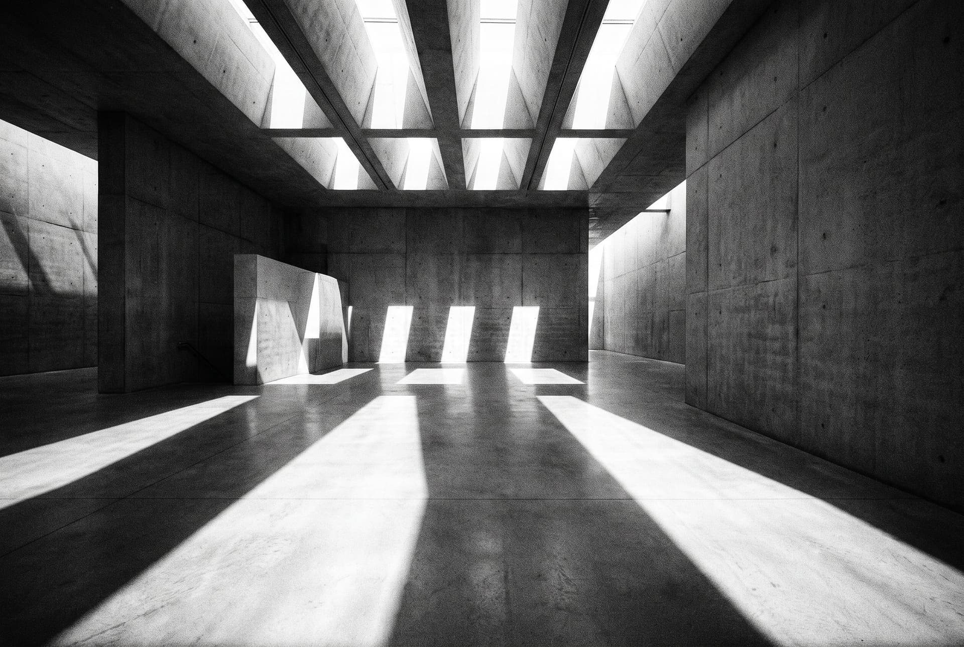 Intérieur de galerie d'art en noir et blanc, jeux de lumière architecturale