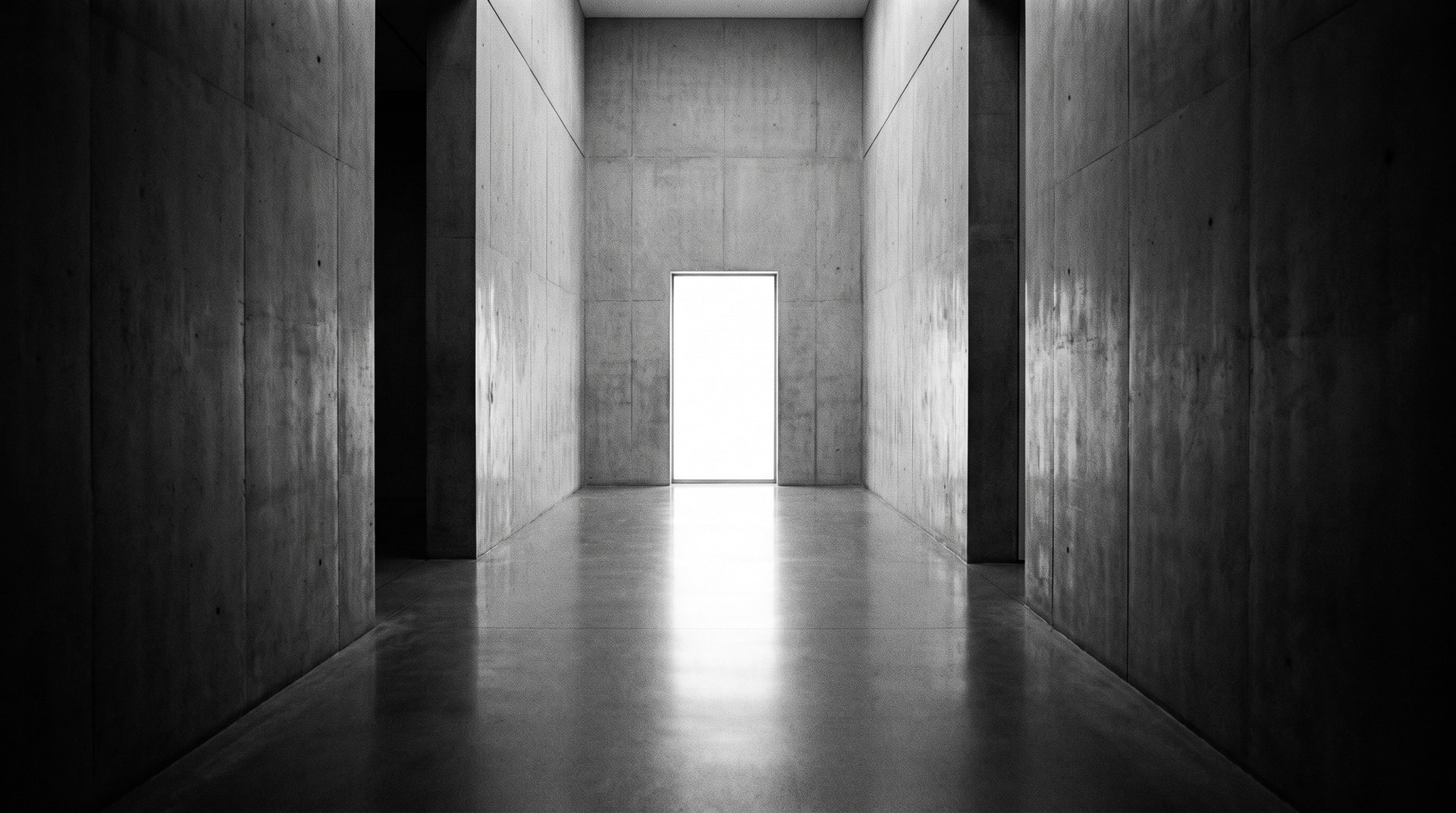 Couloir de galerie d'art minimaliste en béton, photographie architecturale noir et blanc